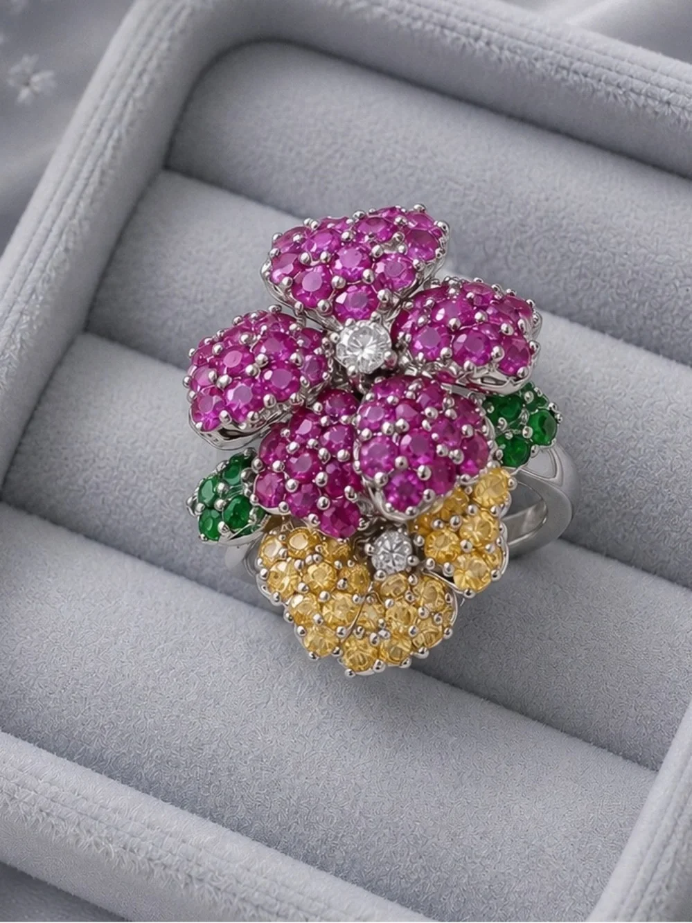 Floral Multi-Color  Flower Ring - Pink, Yellow & Green